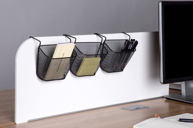 Chris.W 2Pack Office Cubicle Accessories, Black Wire Mesh Hanging Pen Organizer Pencil Holder for Cubicle Partition Home Office, Markers, Glue, Stapler, Memo, Remote Controller Storage Baskets (Black) - Image 5