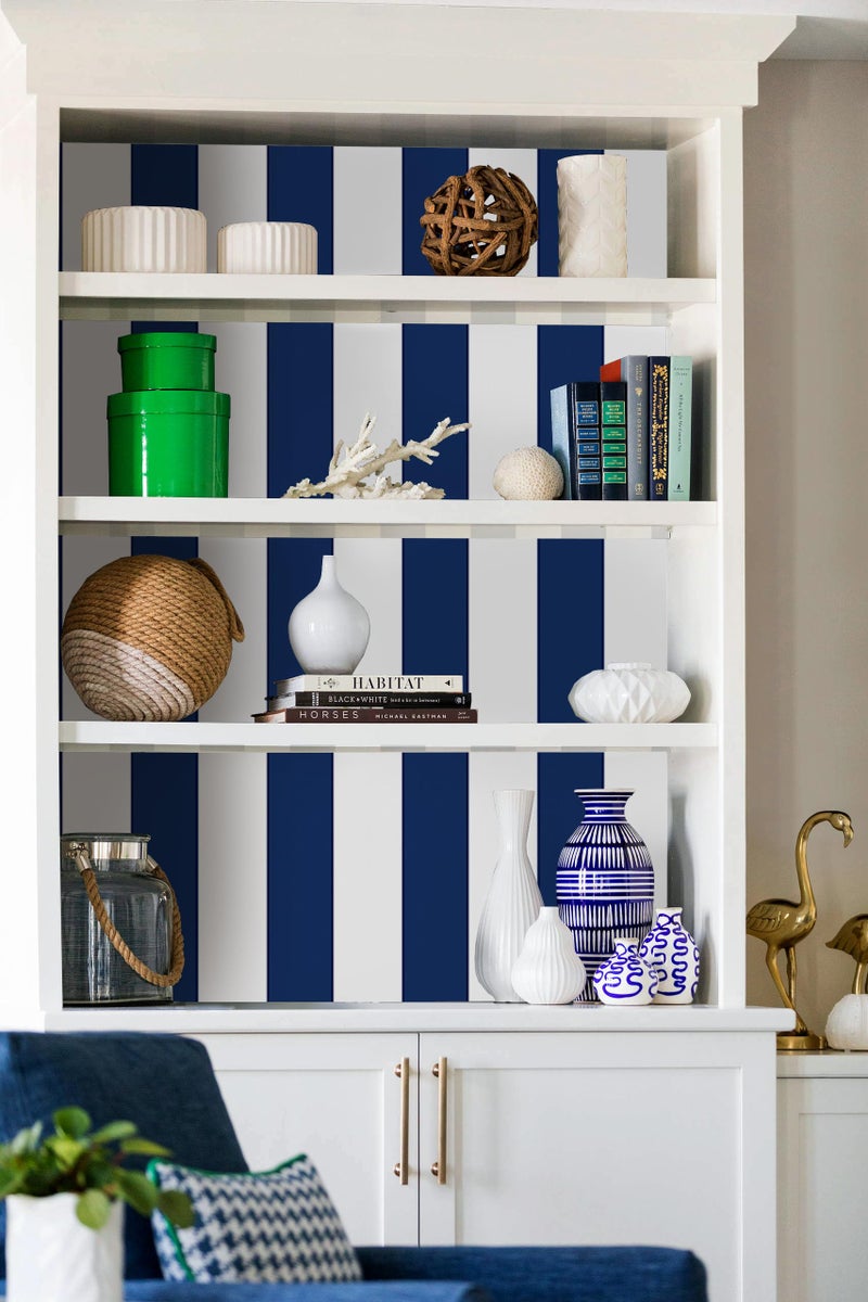 Erfoni 17.7"x118" Stripe Peel and Stick Wallpaper Blue and White Contact Paper Dark Blue Striped Self Adhesive Wallpaper Modern DIY Removable Wall Paper for Aceent Wall Cabinets Decor Vinyl Roll - Image 1