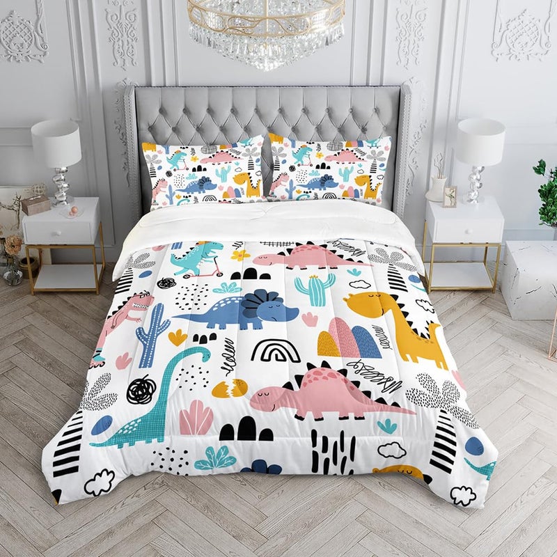 XYNHML Cartoon Dinosaur Rainbow Comforter Set Twin 3Pc Kawaii Dinosaur Bedding Set All Season with Cactus, Coconut Tree Decoration Includes 1 Comforter, 2 Pillowcases for Kids Girls Teens - Image 3
