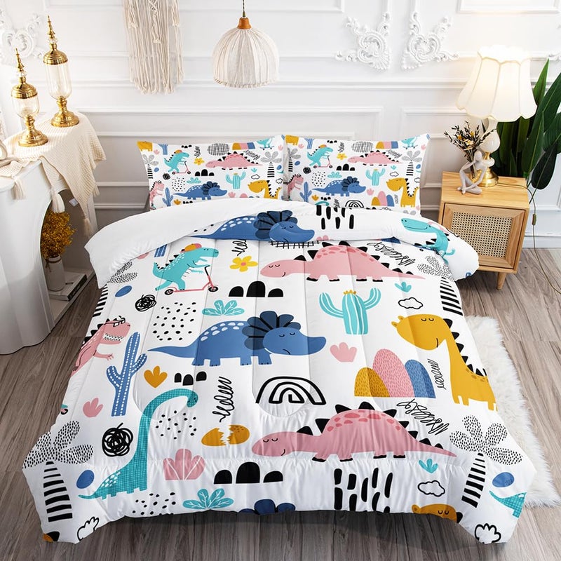 XYNHML Cartoon Dinosaur Rainbow Comforter Set Twin 3Pc Kawaii Dinosaur Bedding Set All Season with Cactus, Coconut Tree Decoration Includes 1 Comforter, 2 Pillowcases for Kids Girls Teens - Image 1