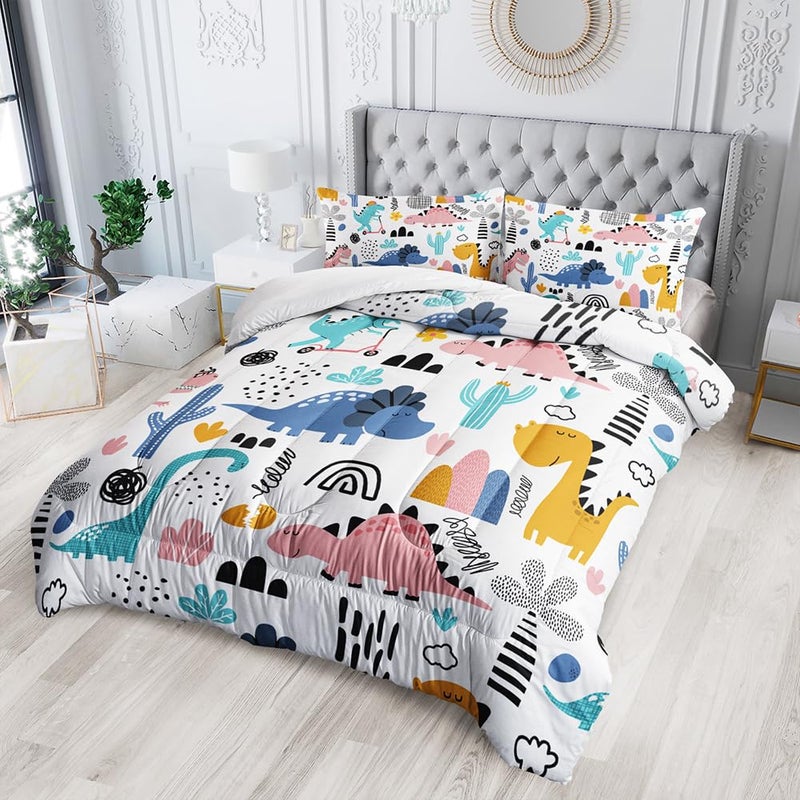 XYNHML Cartoon Dinosaur Rainbow Comforter Set Twin 3Pc Kawaii Dinosaur Bedding Set All Season with Cactus, Coconut Tree Decoration Includes 1 Comforter, 2 Pillowcases for Kids Girls Teens - Image 4