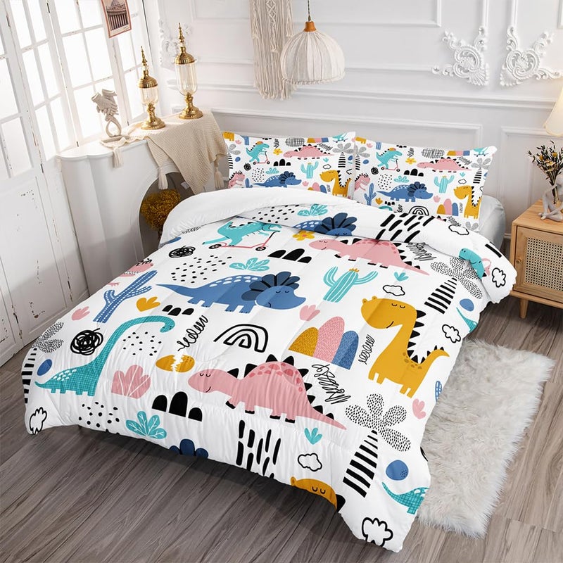 XYNHML Cartoon Dinosaur Rainbow Comforter Set Twin 3Pc Kawaii Dinosaur Bedding Set All Season with Cactus, Coconut Tree Decoration Includes 1 Comforter, 2 Pillowcases for Kids Girls Teens - Image 2