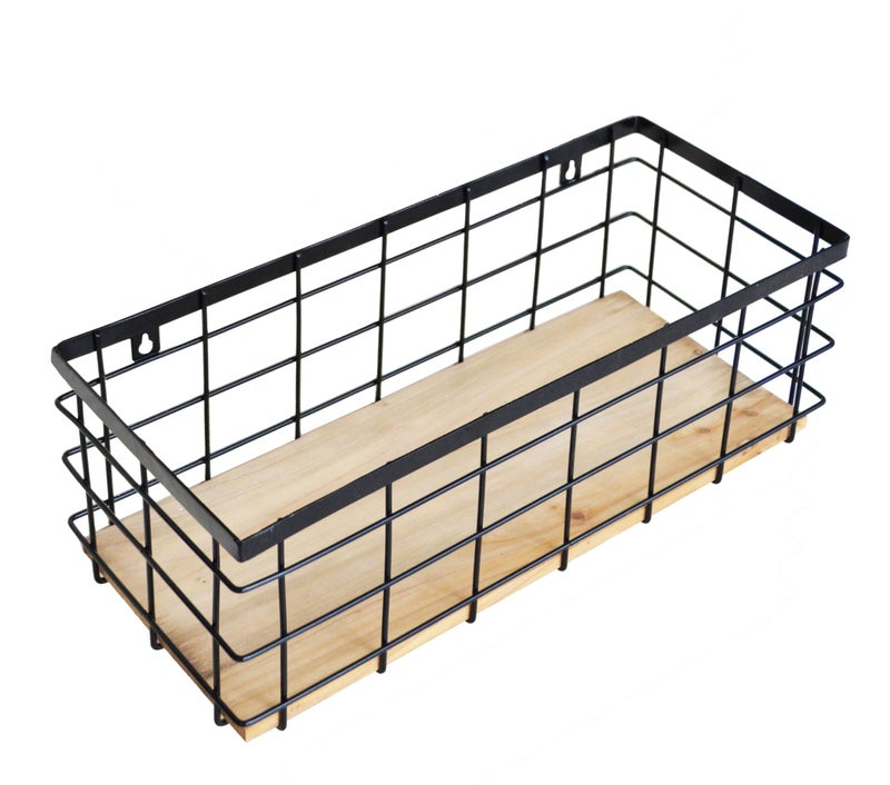 ShabbyDecor Metal Wire Basket Detachable Wood Base Storage Organizer Farmhouse Bin for Kitchen Cabinets  Bathroom  Pantry  Laundry Room  Closets 1 Pack in Black Color Size Big - Image 1