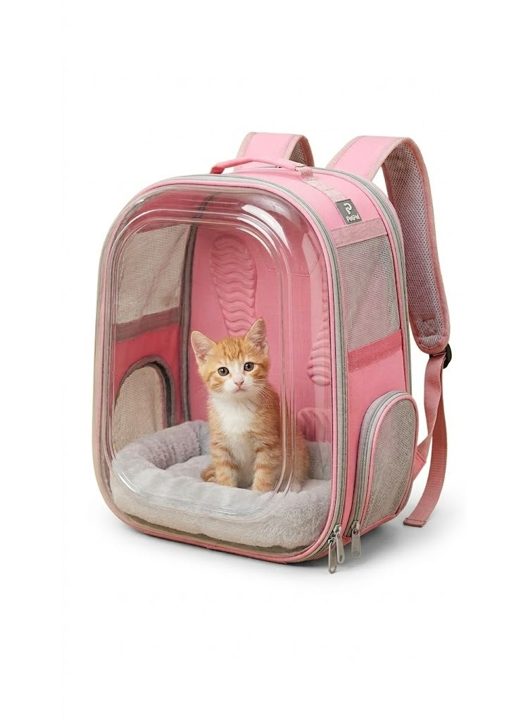 حقيبة ظهر وردية اللون لحمل الحيوانات الأليفة، بتصميم فقاعي شفاف مع ألواح شبكية تسمح بالتهوية، وأحزمة كتف مبطنة للقطط والكلاب الصغيرة. - Image 2