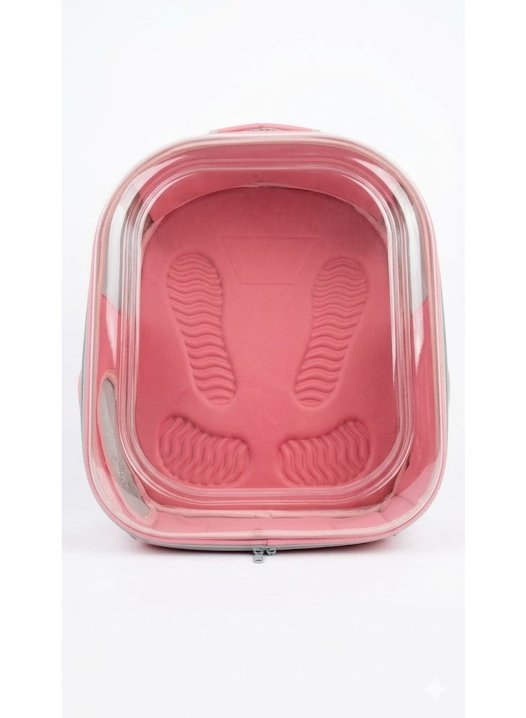 حقيبة ظهر وردية اللون لحمل الحيوانات الأليفة، بتصميم فقاعي شفاف مع ألواح شبكية تسمح بالتهوية، وأحزمة كتف مبطنة للقطط والكلاب الصغيرة. - Image 3