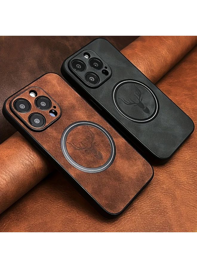 Light Brown Luxury Retro Faux Sheepskin Magnetic Wireless Charging Case For IPhone 16 Plus - Image 1