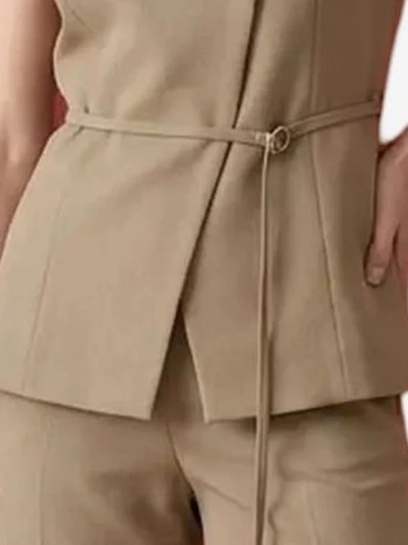 My Fashion Khaki Green MY FASHION Belted crepe waistcoat for Women | Best Price UAE