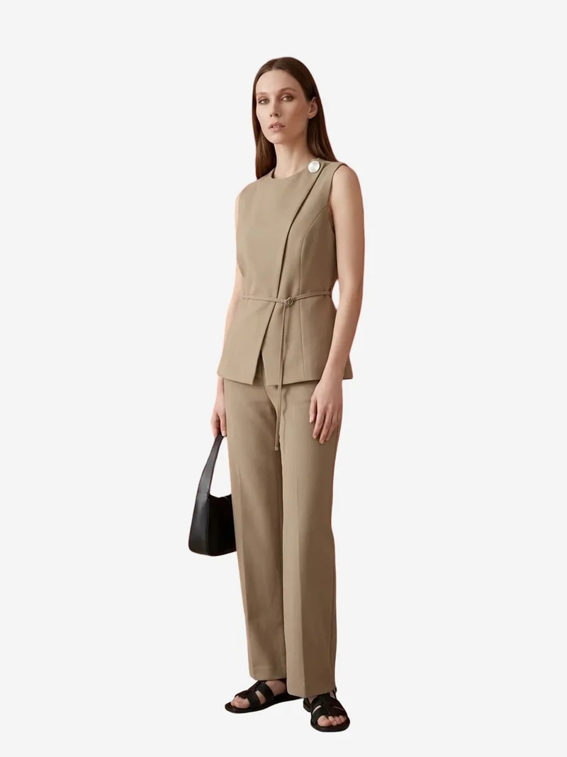 My Fashion Khaki Green MY FASHION Belted crepe waistcoat for Women | Best Price UAE