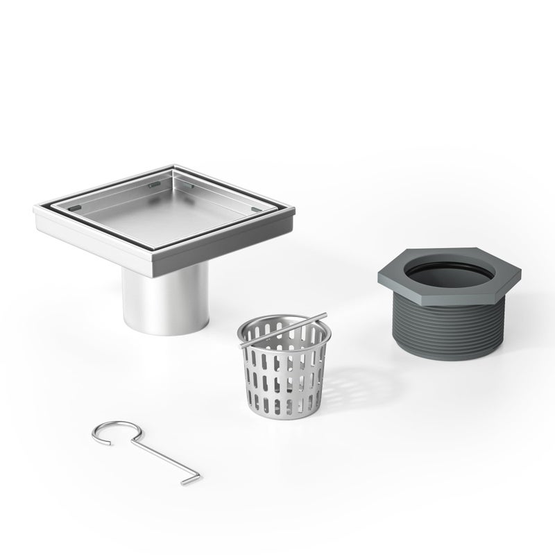 Bernkot Square Shower Drain 4 Brushed Floor Drain with Tiled Insert Grate Hair Strainer 304 Stainless Steel Bathroom 2in1 Tiled in Drain CUPC Certified Brushed 4