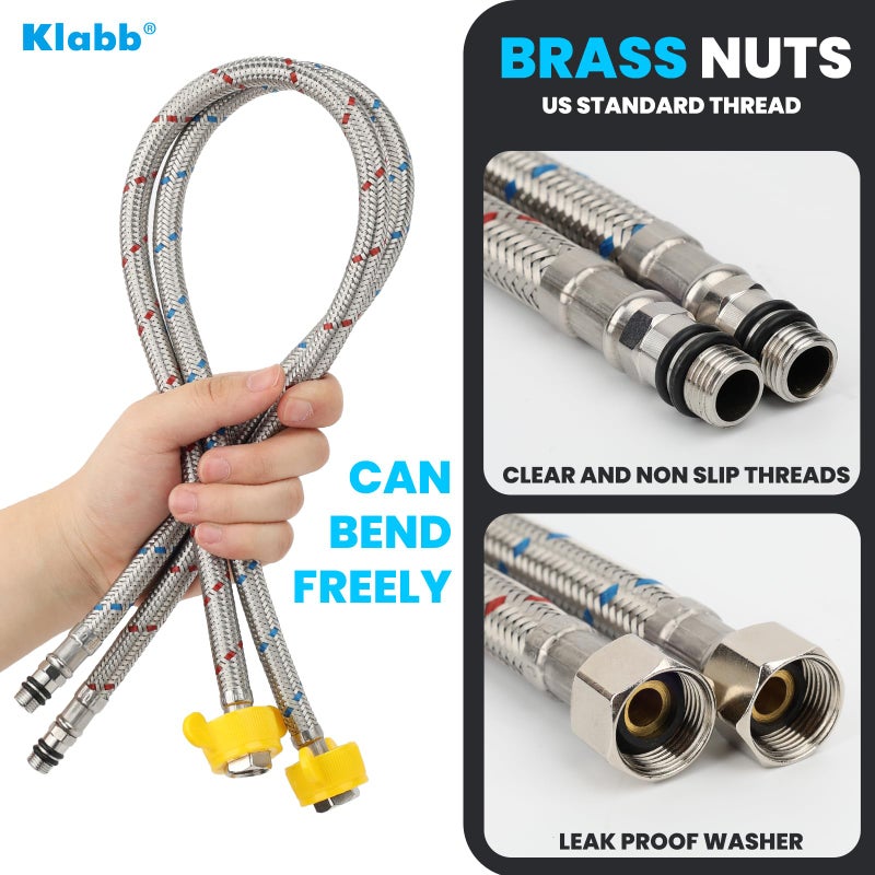 Klabb 32-Inch Stainless Steel Braided Faucet Supply Line, 3/8" Compression Inlet with 1/2" Adapter and M10 Faucet Connection for Bathroom & Kitchen Sinks - Image 4