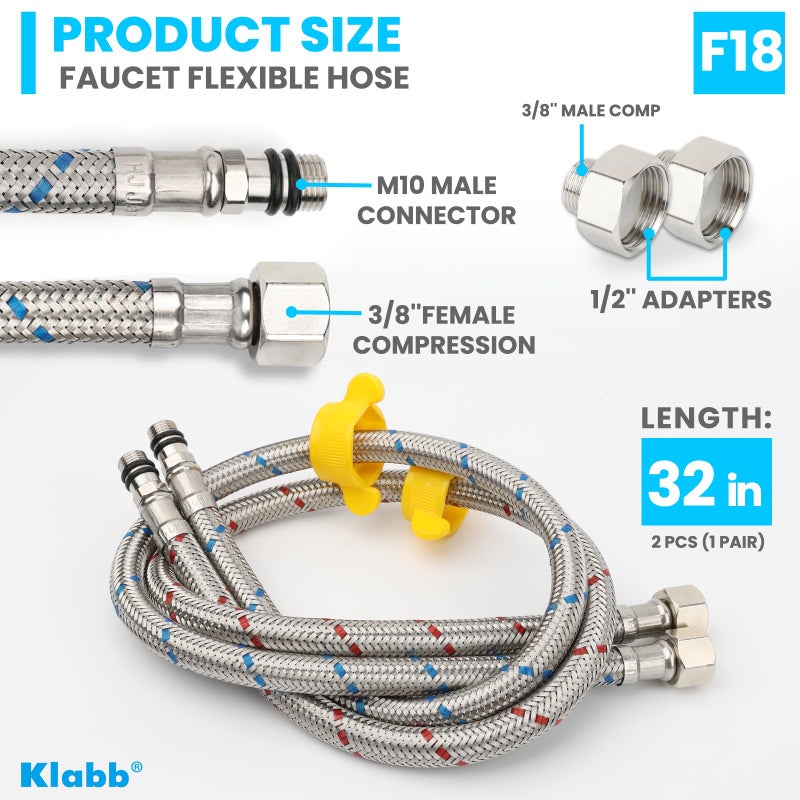 Klabb 32-Inch Stainless Steel Braided Faucet Supply Line, 3/8" Compression Inlet with 1/2" Adapter and M10 Faucet Connection for Bathroom & Kitchen Sinks - Image 3