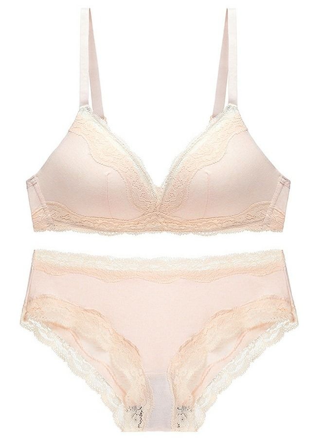 Loquat - Comfy Solid Color A B Cup Thin Cup Lace Bra Panty Set Beige - Image 1