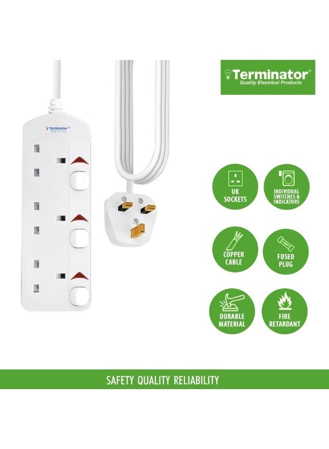 Terminator 3 Way UK Power Extension Socket, Individual Switches, 3M 1.25mm² Cable, 13A Plug - White - Image 2