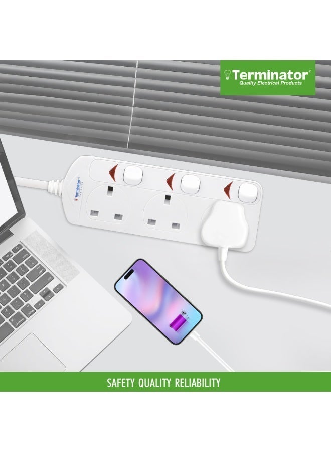 Terminator 3 Way UK Power Extension Socket, Individual Switches, 3M 1.25mm² Cable, 13A Plug - White - Image 4