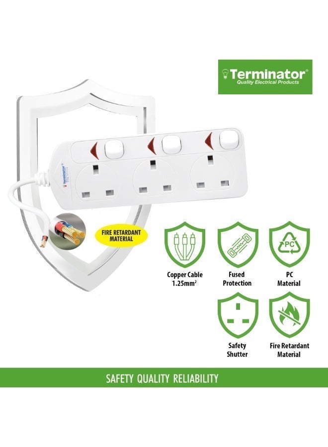 Terminator 3 Way UK Power Extension Socket, Individual Switches, 3M 1.25mm² Cable, 13A Plug - White - Image 3