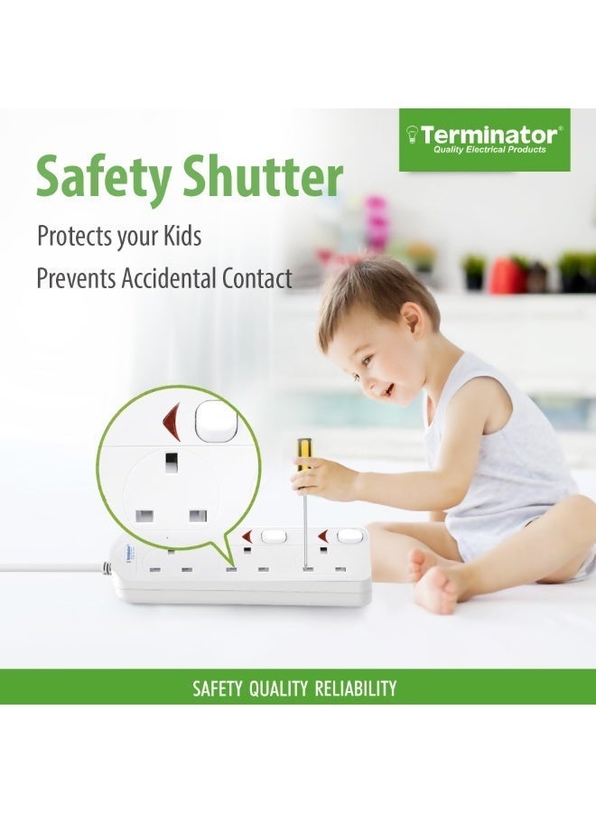 Terminator 3 Way UK Power Extension Socket, Individual Switches, 3M 1.25mm² Cable, 13A Plug - White - Image 5