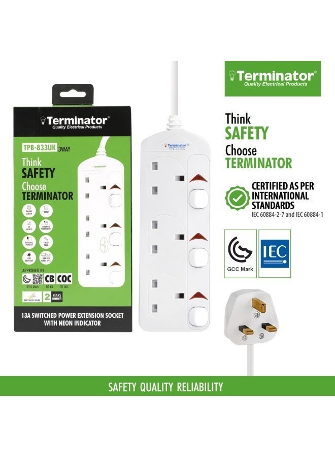 Terminator 3 Way UK Power Extension Socket, Individual Switches, 3M 1.25mm² Cable, 13A Plug - White - Image 1