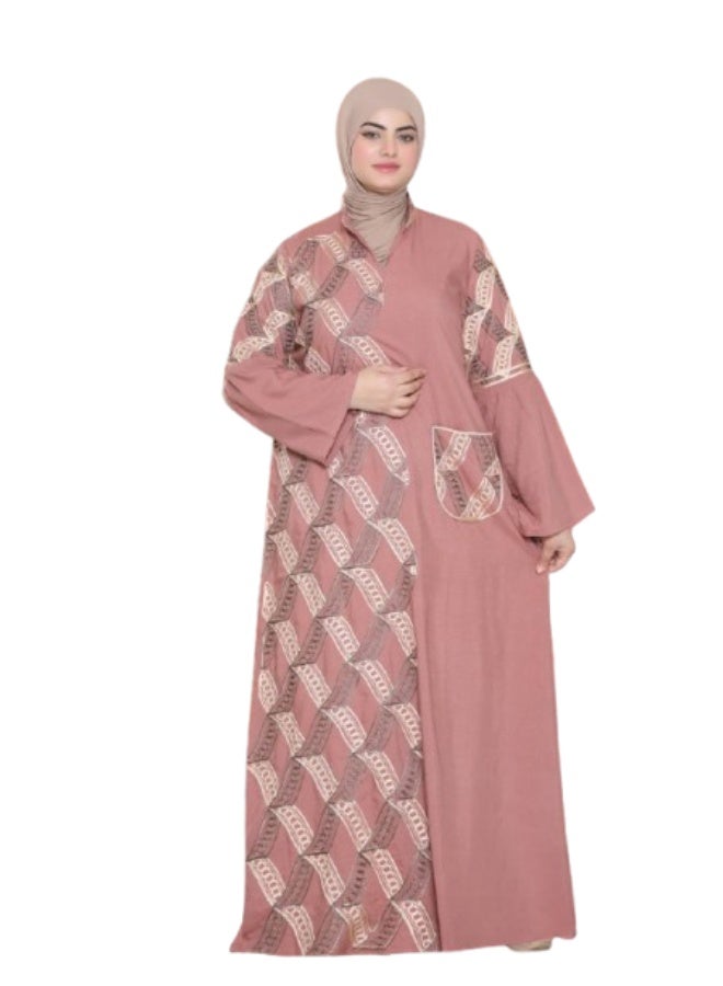 Women's abaya made of imported French linen with elegant traditional embroidery - wide design with side pockets - suitable for going out and receiving guests - Image 1