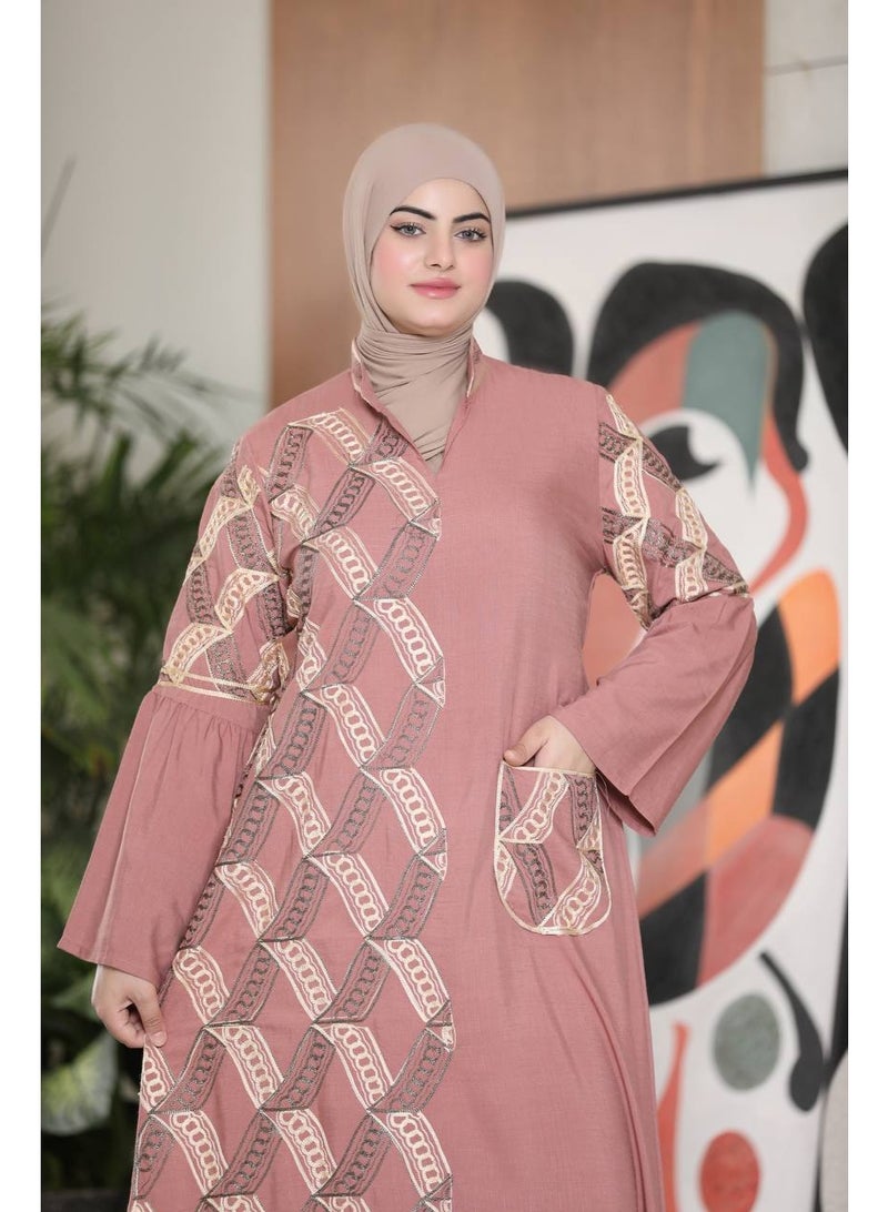 Women's abaya made of imported French linen with elegant traditional embroidery - wide design with side pockets - suitable for going out and receiving guests - Image 2
