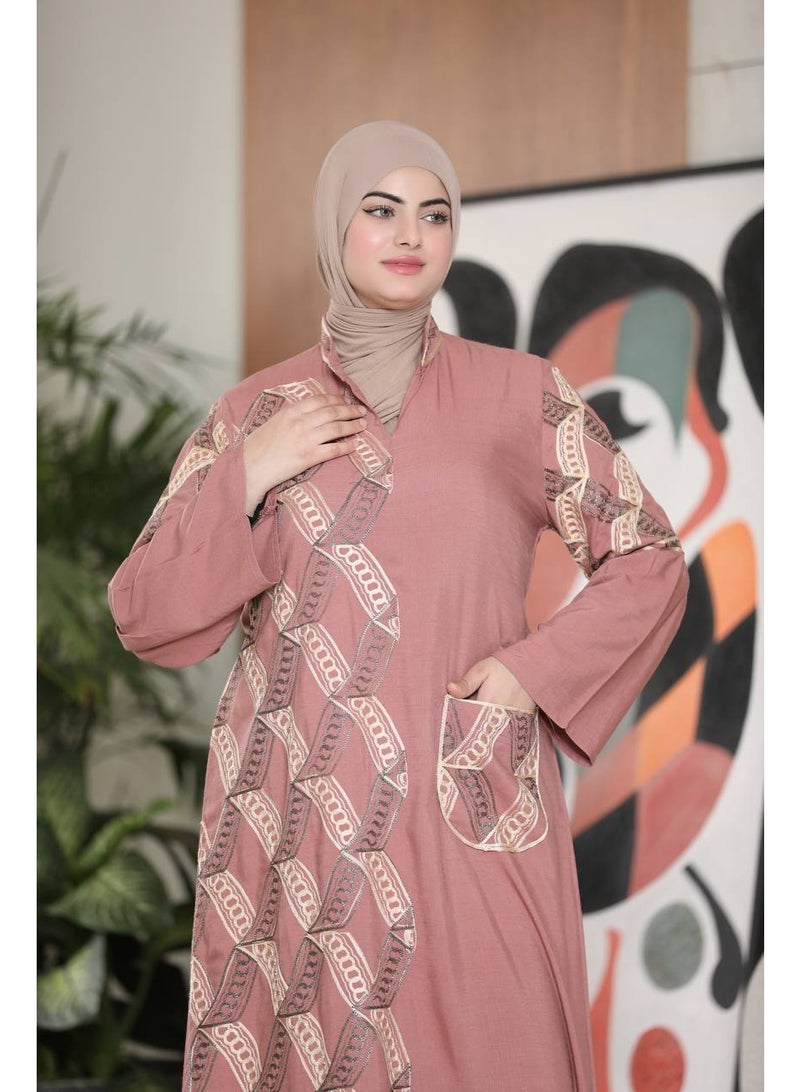 Women's abaya made of imported French linen with elegant traditional embroidery - wide design with side pockets - suitable for going out and receiving guests - Image 3