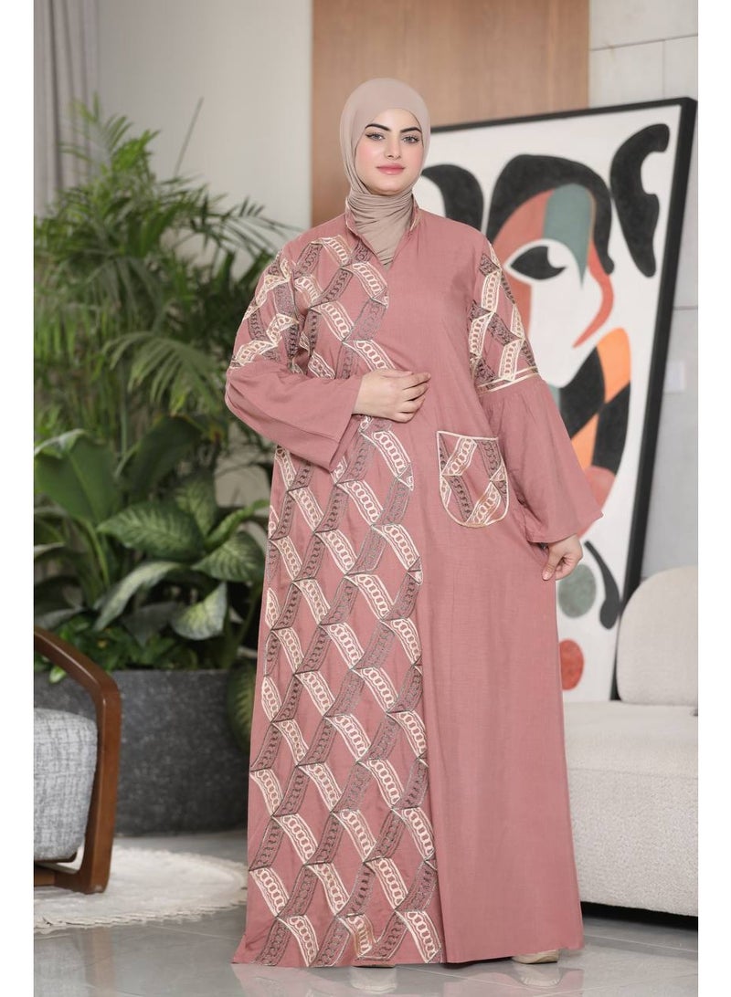 Women's abaya made of imported French linen with elegant traditional embroidery - wide design with side pockets - suitable for going out and receiving guests - Image 4