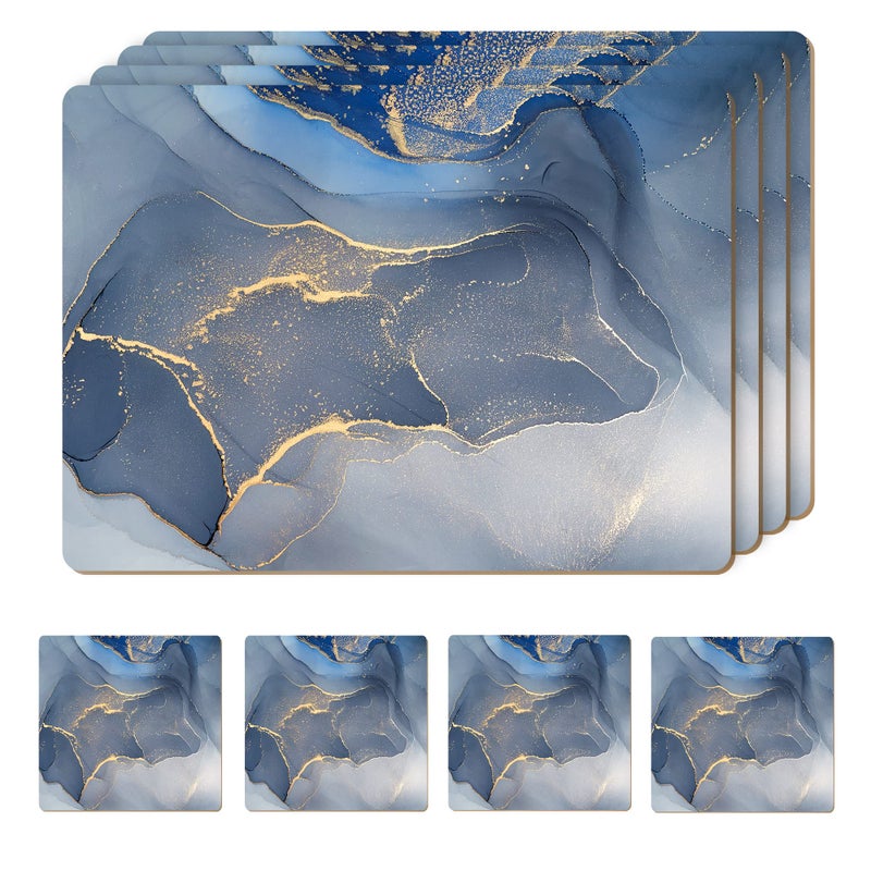 Moderry Set of 4 Heat Resistant Cork Placemats for Dining Table with Free Set of 4 Matching Drink Coasters Marble Design 16 x 12 Inches Cork Backed Hard Placemats Blue  Gold