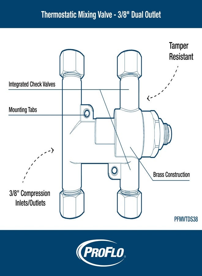 PROFLO PFMVTD38 3/8" Thermostatic Mixing Valve - Two Outlets - Rough Brass - Image 2