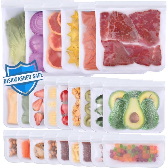 24 PACK DISHWASHER SAFE REUSABLE BAGS LEAKPROOF REUSABLE FREEZER BAGS BPA FREE FOOD STORAGE BAGS FOR LUNCH MEAT VEGGIES 6 GALLON 9 SANDWICH 9 SNACK BAGS WHITE