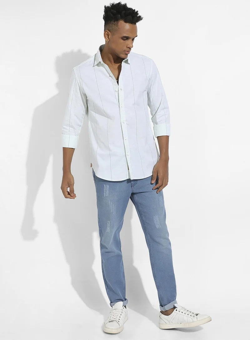 Campus Sutra Men's White Heathered Pinstriped Shirt