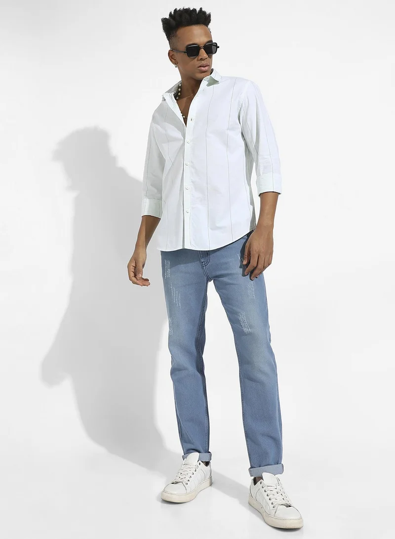 Campus Sutra Men's White Heathered Pinstriped Shirt