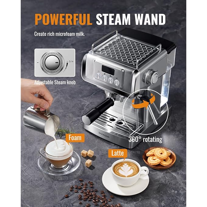 SHARDOR 20 Bar Espresso Machine for Home, Espresso Coffee Maker with Temp Display, Expresso Machine with Steam Milk Frother for Latte & Cappuccino, 60oz Water Reservoir, Stainless Steel, 1350W - Image 3