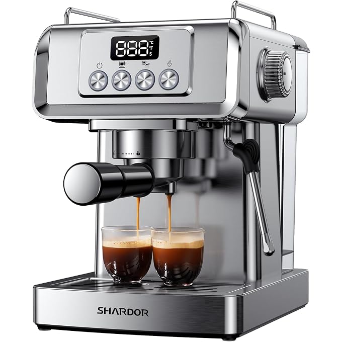 SHARDOR 20 Bar Espresso Machine for Home, Espresso Coffee Maker with Temp Display, Expresso Machine with Steam Milk Frother for Latte & Cappuccino, 60oz Water Reservoir, Stainless Steel, 1350W - Image 1
