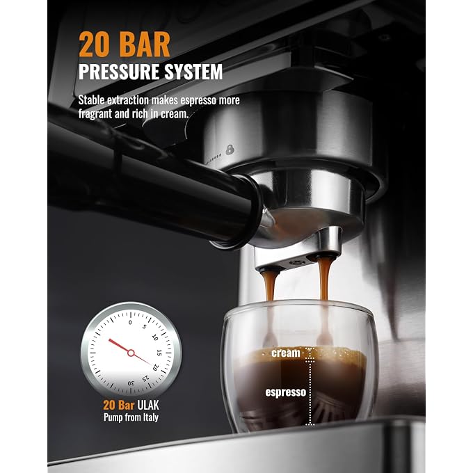 SHARDOR 20 Bar Espresso Machine for Home, Espresso Coffee Maker with Temp Display, Expresso Machine with Steam Milk Frother for Latte & Cappuccino, 60oz Water Reservoir, Stainless Steel, 1350W - Image 2