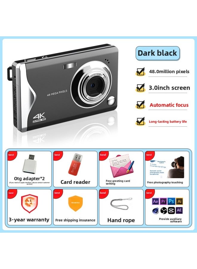 Generic 4K Student HD Digital Camera Video Beauty Filter Camera 3.0 Inch Large Screen HD Entry-level Camera-Body Color:Black + Card Reader + OTG  - Image 1