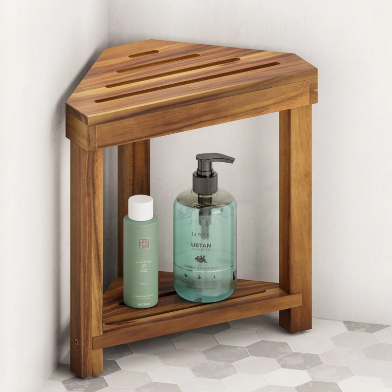 BLUEWEST 16.4" Shower Foot Rest, Corner Shower Stool, Wooden Shower Foot Stool for Shaving Legs Inside Shower, Waterproof Shower Foot Rest with Storage Shelf for Small Shower Space, Shower Seats - Image 1