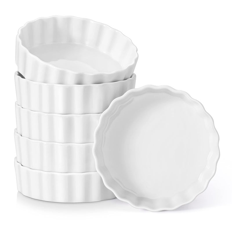 LOVECASA Porcelain Ramekins 8 Oz Oven Safe Set of 6  Shallow Creme Brulee Dishes for Baking Souffls Custards Fluted Quiche Pans ChipResistant  Stackable White