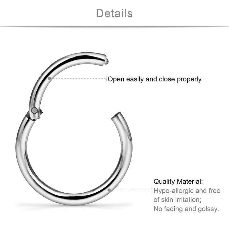 SCERRING 10PCS 14G Stainless Steel Hinged Clicker Segment Septum Nose Lip Ring Hoop Cartilage Tragus Sleeper Earrings Body Piercing Jewelry 8mm 10mm 12mm 14mm 16mm Silver - Image 2