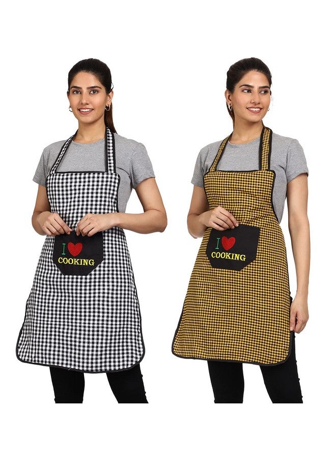 JMi Cotton Checkered Design Waterproof Apron with Multipurpose Front Large Embroidered Pocket Pack of 2 (Black & Yellow) - Image 1