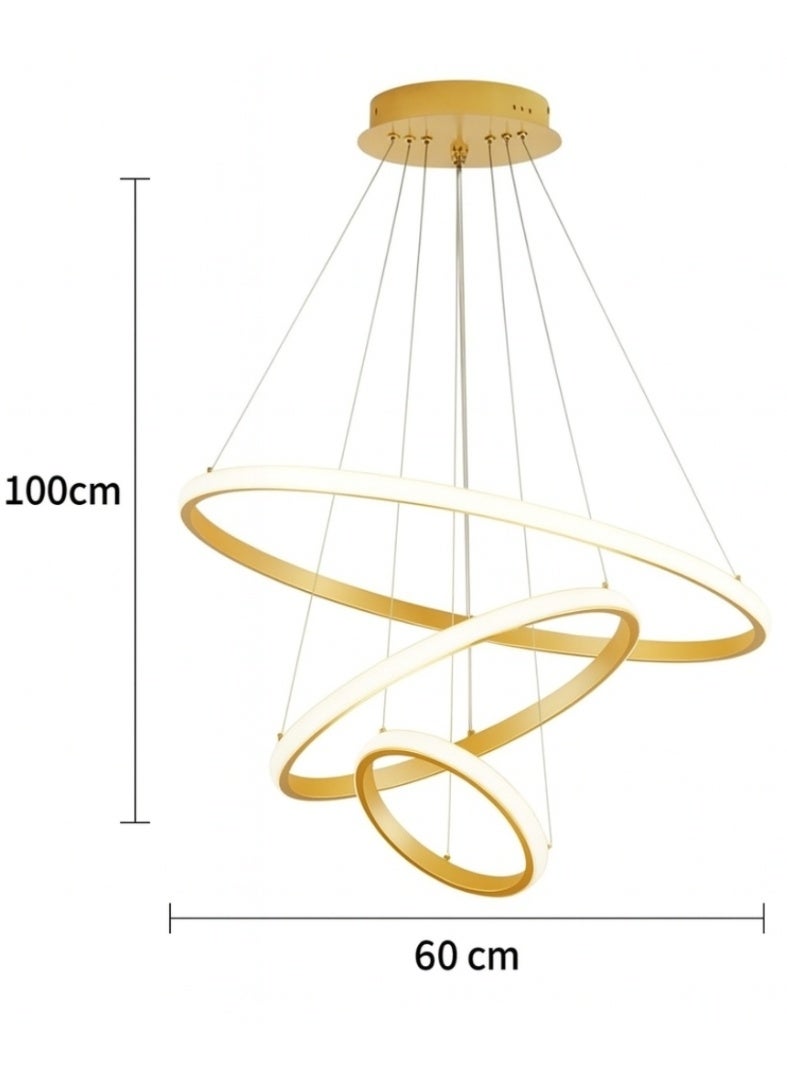 AL THURAYAT Luxurious and modern 60cm LED chandelier with three gold-colored circular LED rings, offering three lighting colors, made from high-quality materials, with remote control.(Gold color) - Image 2