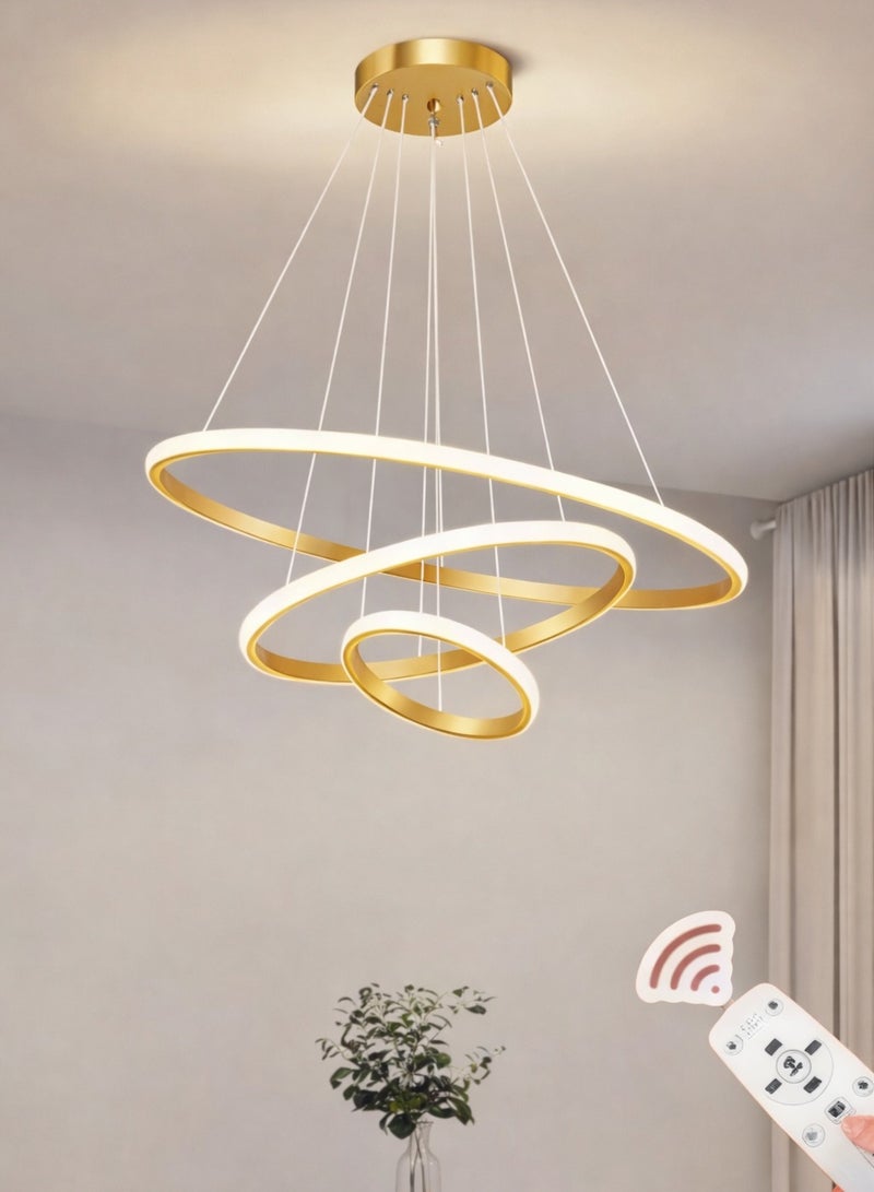 AL THURAYAT Luxurious and modern 60cm LED chandelier with three gold-colored circular LED rings, offering three lighting colors, made from high-quality materials, with remote control.(Gold color) - Image 1