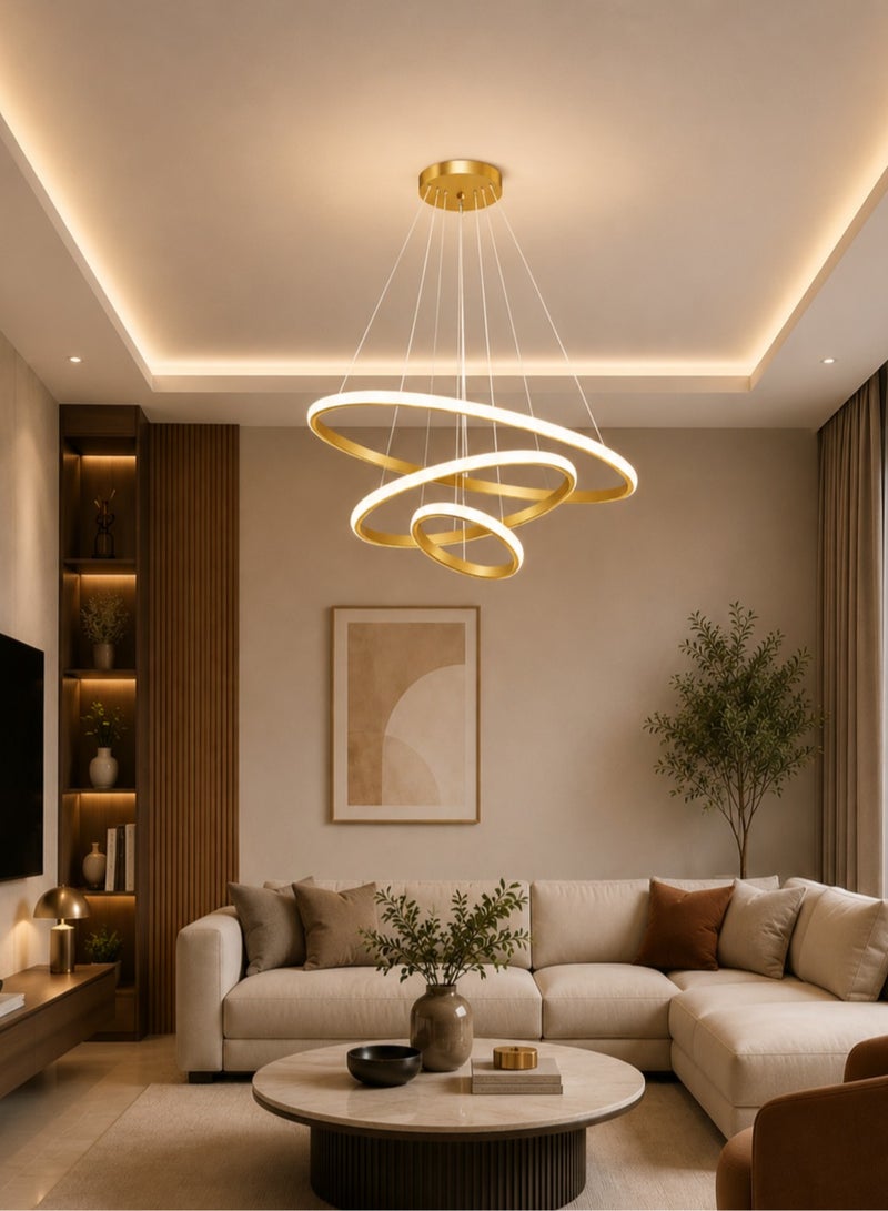 الثريات ثريا LED مودرن 60 سم – 3 ألوان إضاءة مع ريموت كنترول – تصميم حلقات دائرية فاخرة – إنارة سقف ذهبية للصالون وغرفة المعيشة - Image 5