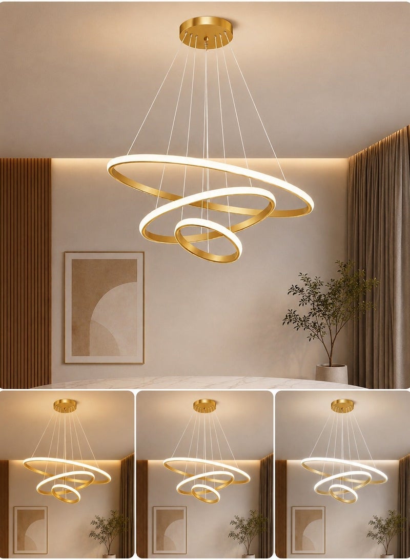 الثريات ثريا LED مودرن 60 سم – 3 ألوان إضاءة مع ريموت كنترول – تصميم حلقات دائرية فاخرة – إنارة سقف ذهبية للصالون وغرفة المعيشة - Image 2