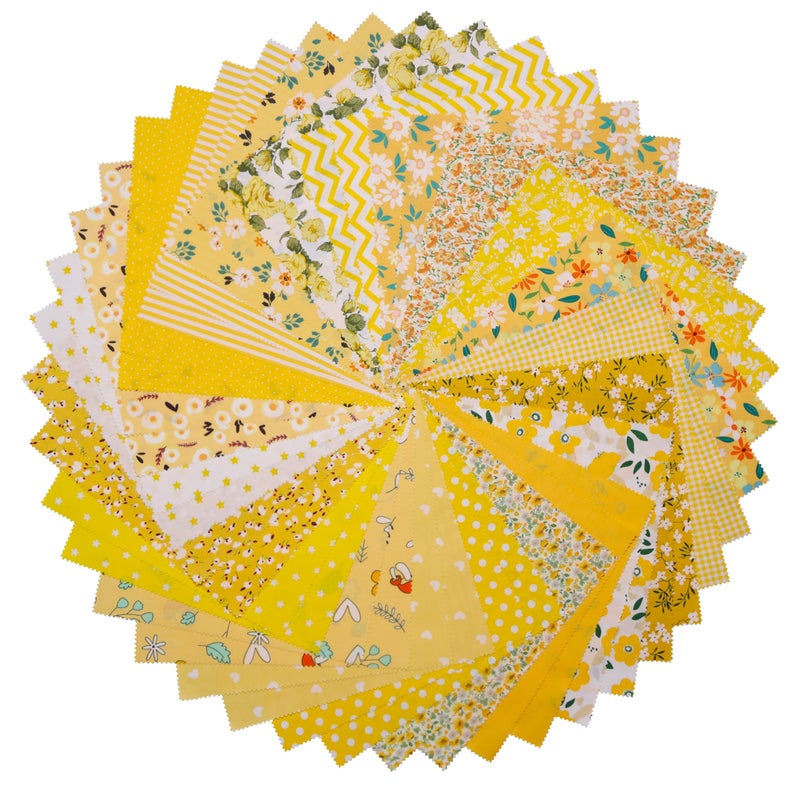 Hanjunzhao 42Pcs 10" Layer Cake Fabric - Layer Cakes 10 inch Squares for Quilting - Polka Dots Striped Star Solid Floral Print Cotton Fabric Squares 10x10 for Sewing, Quilts, and Crafts (Yellow) - Image 1