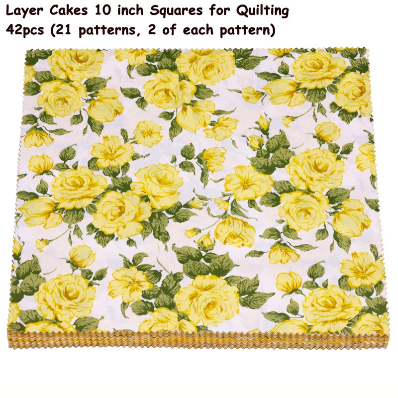Hanjunzhao 42Pcs 10" Layer Cake Fabric - Layer Cakes 10 inch Squares for Quilting - Polka Dots Striped Star Solid Floral Print Cotton Fabric Squares 10x10 for Sewing, Quilts, and Crafts (Yellow) - Image 4