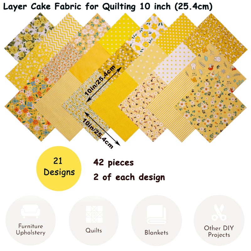 Hanjunzhao 42Pcs 10" Layer Cake Fabric - Layer Cakes 10 inch Squares for Quilting - Polka Dots Striped Star Solid Floral Print Cotton Fabric Squares 10x10 for Sewing, Quilts, and Crafts (Yellow) - Image 5