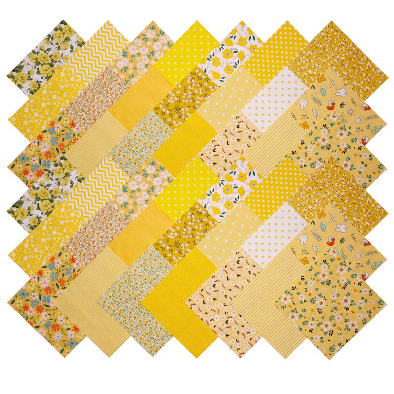 Hanjunzhao 42Pcs 10" Layer Cake Fabric - Layer Cakes 10 inch Squares for Quilting - Polka Dots Striped Star Solid Floral Print Cotton Fabric Squares 10x10 for Sewing, Quilts, and Crafts (Yellow) - Image 2