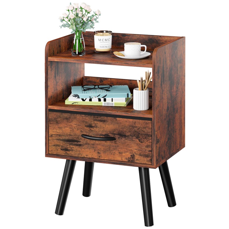 Yoobure Night Stand with Fabric Drawer, Modern Nightstand, Bedside Tables, Mid Century Nightstands with Open Storage Shelf, Wood Bedside Table, Small Night Stands for Bedrooms, 2-Tier Night Table - Image 1