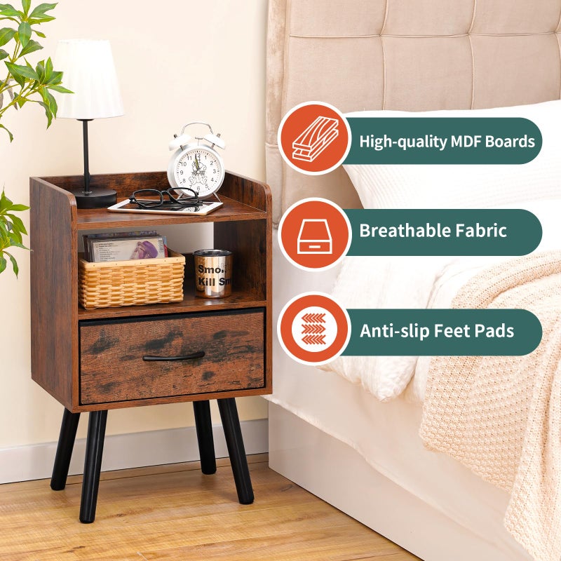 Yoobure Night Stand with Fabric Drawer, Modern Nightstand, Bedside Tables, Mid Century Nightstands with Open Storage Shelf, Wood Bedside Table, Small Night Stands for Bedrooms, 2-Tier Night Table - Image 2