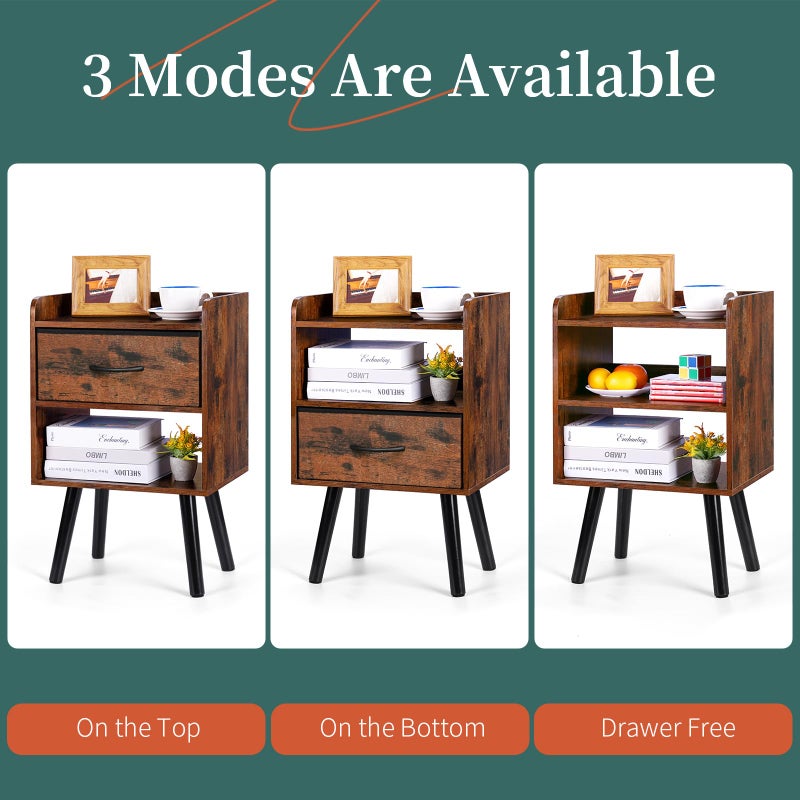 Yoobure Night Stand with Fabric Drawer, Modern Nightstand, Bedside Tables, Mid Century Nightstands with Open Storage Shelf, Wood Bedside Table, Small Night Stands for Bedrooms, 2-Tier Night Table - Image 5