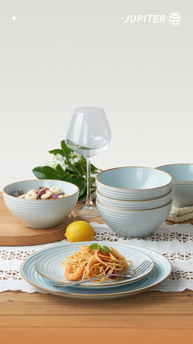Famiware Jupiter Dinnerware Set, Plates and Bowls Sets for 4, Microwave and Dishwasher Safe, Scratch Resistant, 12 Pieces Dishes Set, Light Blue - Image 2